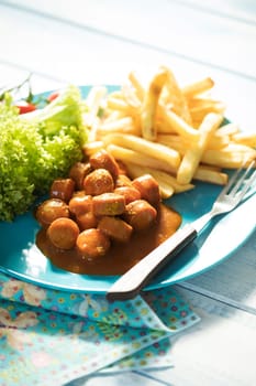 Currywurst with fries,fast food