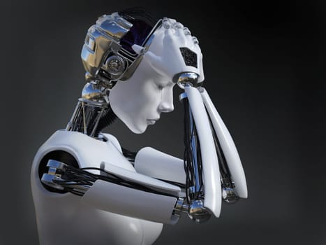 3D rendering of a female robot looking sad and crying, image 2. Dark background.