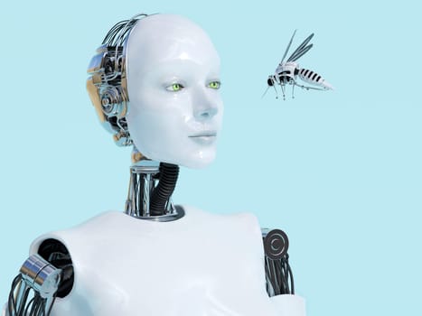 3D rendering of a female robot looking at a robotic mosquito. Light blue background.