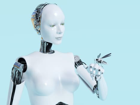 3D rendering of a female robot looking at a robotic mosquito that sits on her hand. Light blue background.