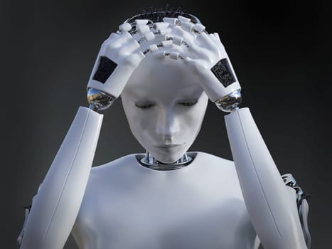 3D rendering of a female robot looking very sad. Dark background.