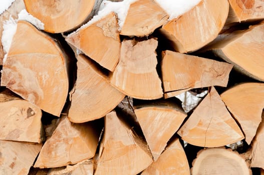 Natural wooden background Chopped firewood on stack