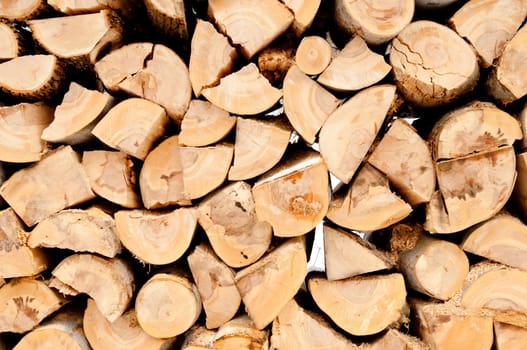 Natural wooden background Chopped firewood on stack