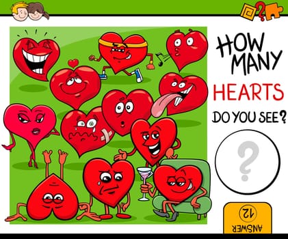 Cartoon Illustration of Educational Counting Activity for Children with Hearts Valentines Day Characters