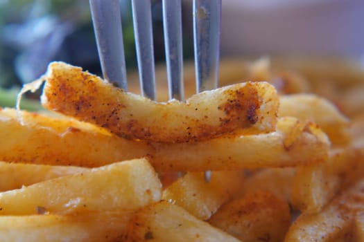A fork holds a crispy fry, showcasing its seasoned surface and texture.
