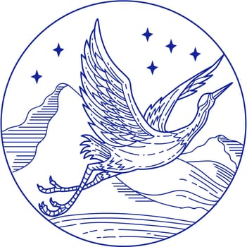 Mono line style illustration of a great blue heron flying viewed from the side set inside circle with stars and mountain in the background.