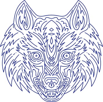 Mono line style illustration of a head of a grey wolf viewed from the front  set on isolated white background.