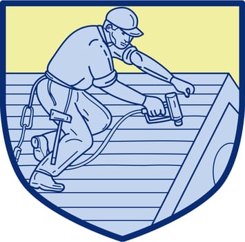Mono line style illustration of a roofer construction worker wearing hat working on roof with hand drill viewed from the side set inside shield crest.