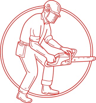 Mono line style illustration of lumberjack arborist tree surgeon wearing helmet protective gear holding operating a chainsaw viewed from the side set inside circle on isolated background.