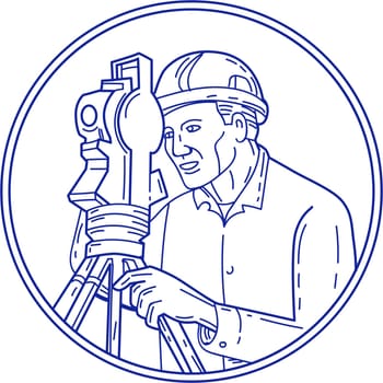 Mono line style illustration of a surveyor geodetic engineer with theodolite instrument surveying viewed from side set inside circle on isolated background.