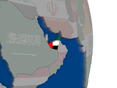 Map of United Arab Emirates with its flag on globe. 3D illustration