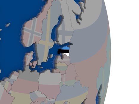 Map of Estonia with its flag on globe. 3D illustration