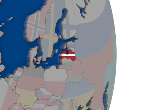Map of Latvia with its flag on globe. 3D illustration