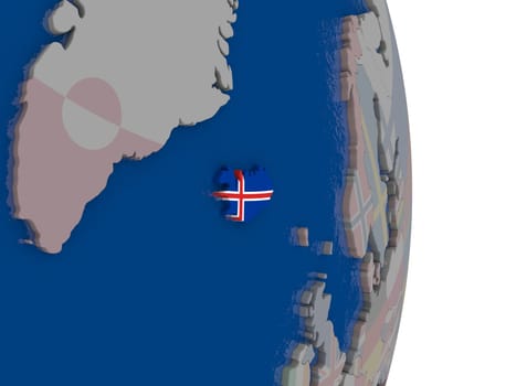 Map of Iceland with its flag on globe. 3D illustration