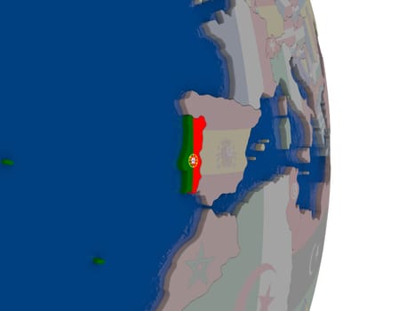 Map of Portugal with its flag on globe. 3D illustration