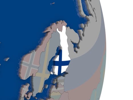 Map of Finland with its flag on globe. 3D illustration