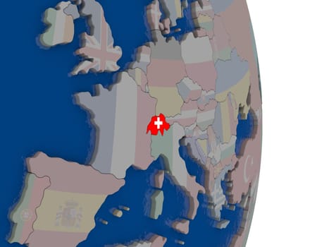 Map of Switzerland with its flag on globe. 3D illustration