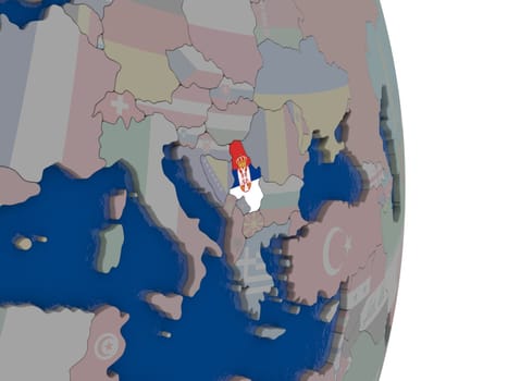 Map of Serbia with its flag on globe. 3D illustration