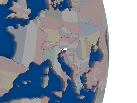 Map of Slovenia with its flag on globe. 3D illustration