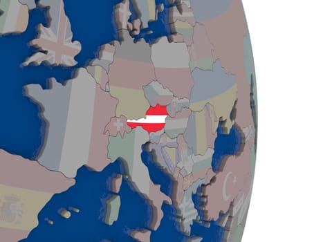 Map of Austria with its flag on globe. 3D illustration