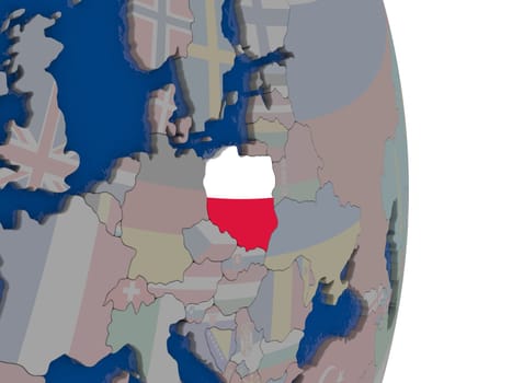 Map of Poland with its flag on globe. 3D illustration