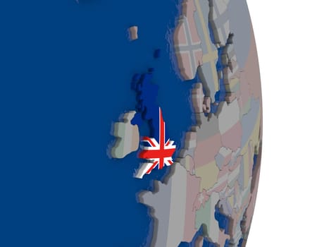 Map of United Kingdom with its flag on globe. 3D illustration