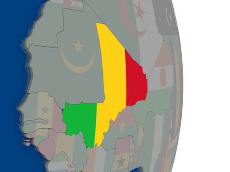 Map of Mali with its flag on globe. 3D illustration