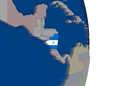 Map of Nicaragua with its flag on globe. 3D illustration
