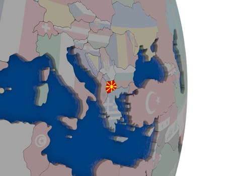 Map of Macedonia with its flag on globe. 3D illustration