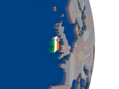 Map of Ireland with its flag on globe. 3D illustration