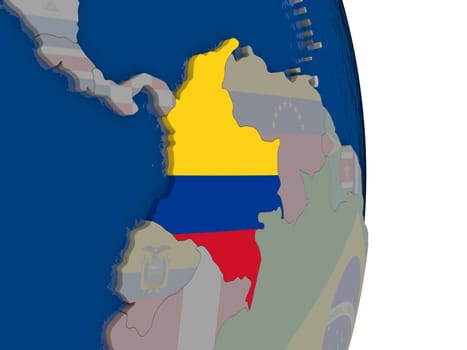 Map of Colombia with its flag on globe. 3D illustration