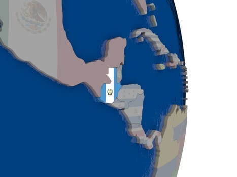 Map of Guatemala with its flag on globe. 3D illustration
