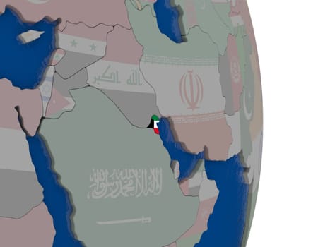 Map of Kuwait with its flag on globe. 3D illustration