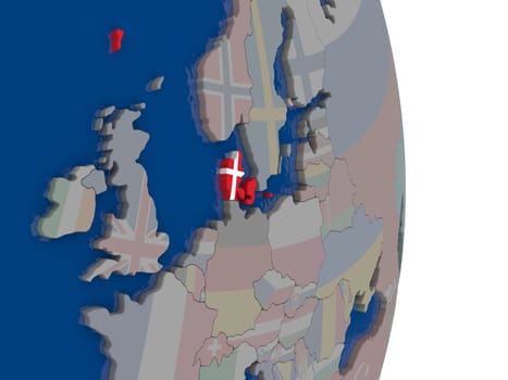Map of Denmark with its flag on globe. 3D illustration