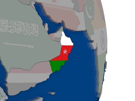 Map of Oman with its flag on globe. 3D illustration