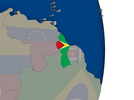Map of Guyana with its flag on globe. 3D illustration