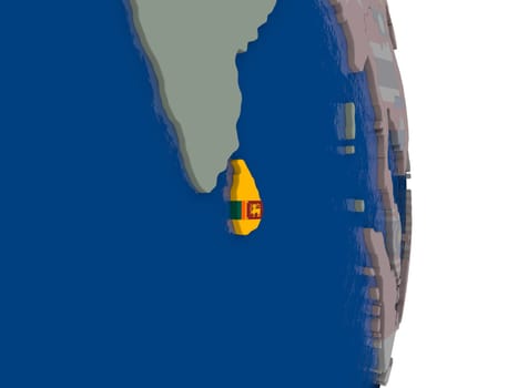 Map of Sri Lanka with its flag on globe. 3D illustration