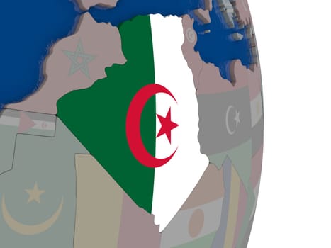 Map of Algeria with its flag on globe. 3D illustration