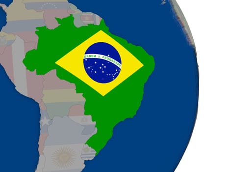 Map of Brazil with its flag on globe. 3D illustration