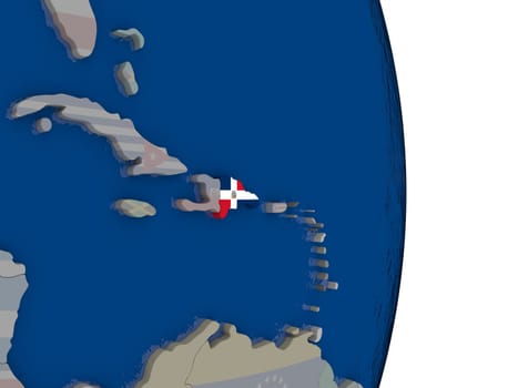 Map of Dominican Republic with its flag on globe. 3D illustration