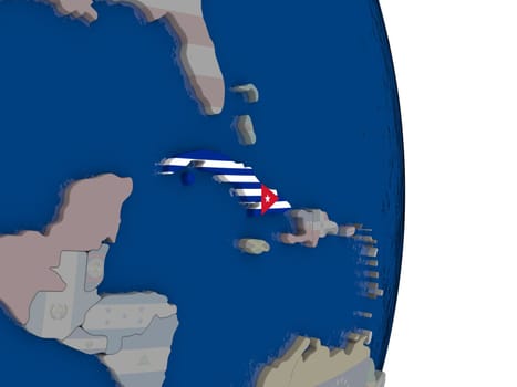 Map of Cuba with its flag on globe. 3D illustration