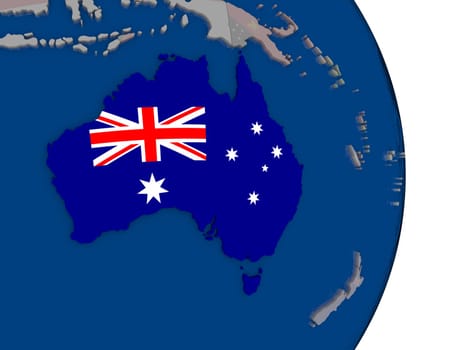 Map of Australia with its flag on globe. 3D illustration