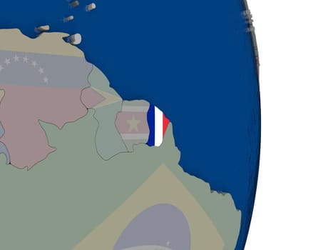 Map of French Guiana with its flag on globe. 3D illustration