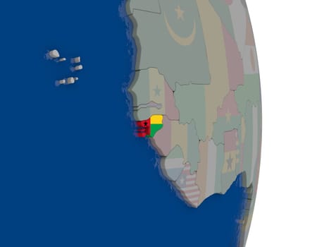 Map of Guinea-Bissau with its flag on globe. 3D illustration