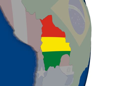 Map of Bolivia with its flag on globe. 3D illustration