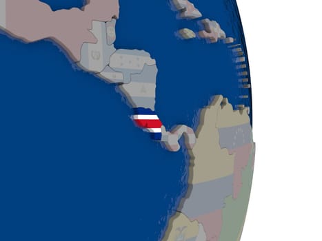 Map of Costa Rica with its flag on globe. 3D illustration