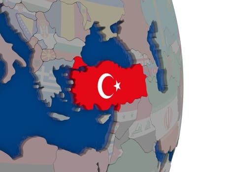 Map of Turkey with its flag on globe. 3D illustration