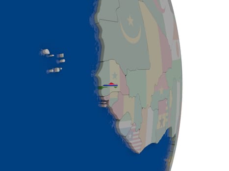 Map of Gambia with its flag on globe. 3D illustration