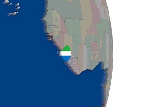 Map of Sierra Leone with its flag on globe. 3D illustration