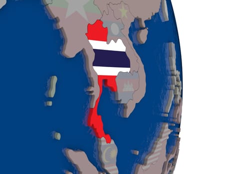 Map of Thailand with its flag on globe. 3D illustration